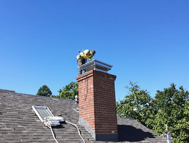 Acushnet Chimney Sweep technician measuring a chimney cap in Acushnet, MA