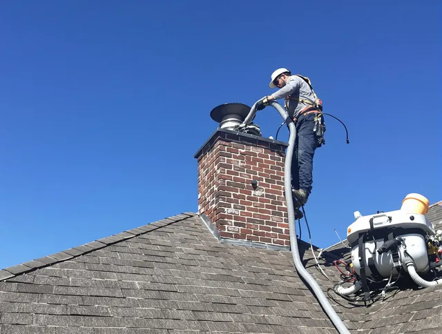Dedicated Acushnet Chimney Sweep team member cleaning a chimney in Acushnet, MA