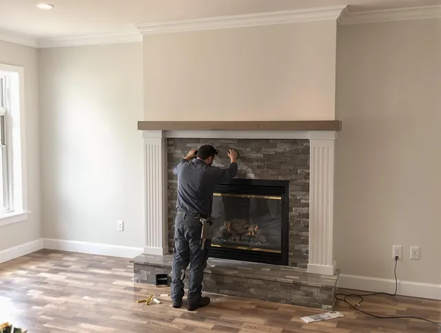 Acushnet Chimney Sweep finishing a custom fireplace install in Acushnet, MA